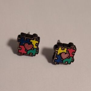 Wooden Autism Awareness Colorful Puzzle Heart Stud Earrings